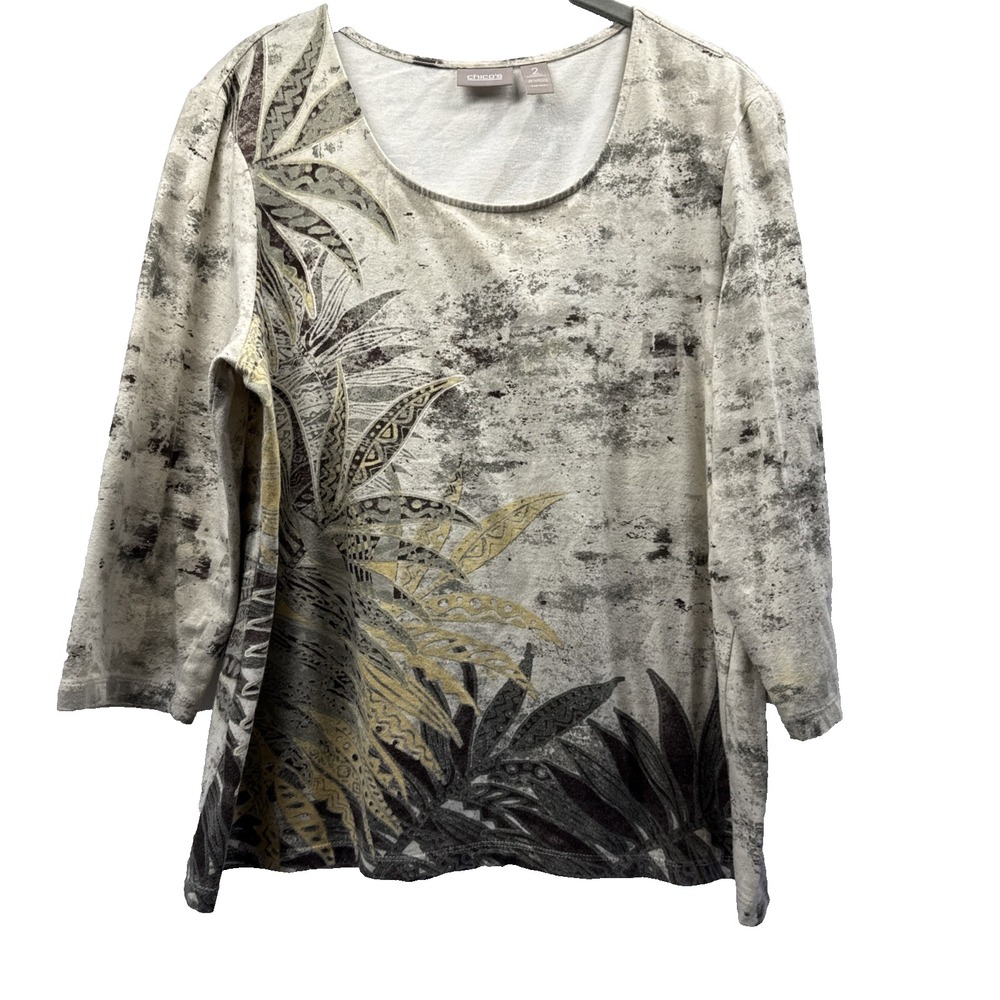 Chicos Womens Top Size 2 Large Brown Gold Floral 3/4 Sleeve Cotton Blouse